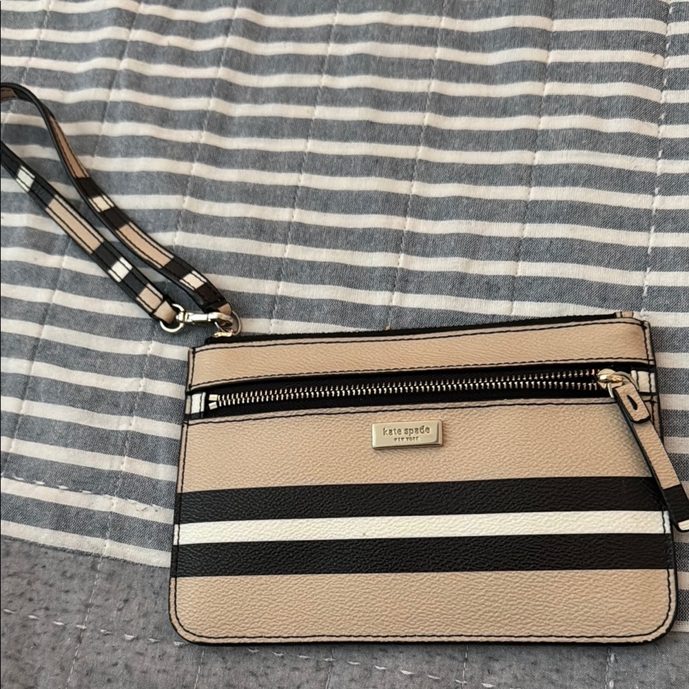 Kate Spade Tan and Black Striped Wristlet